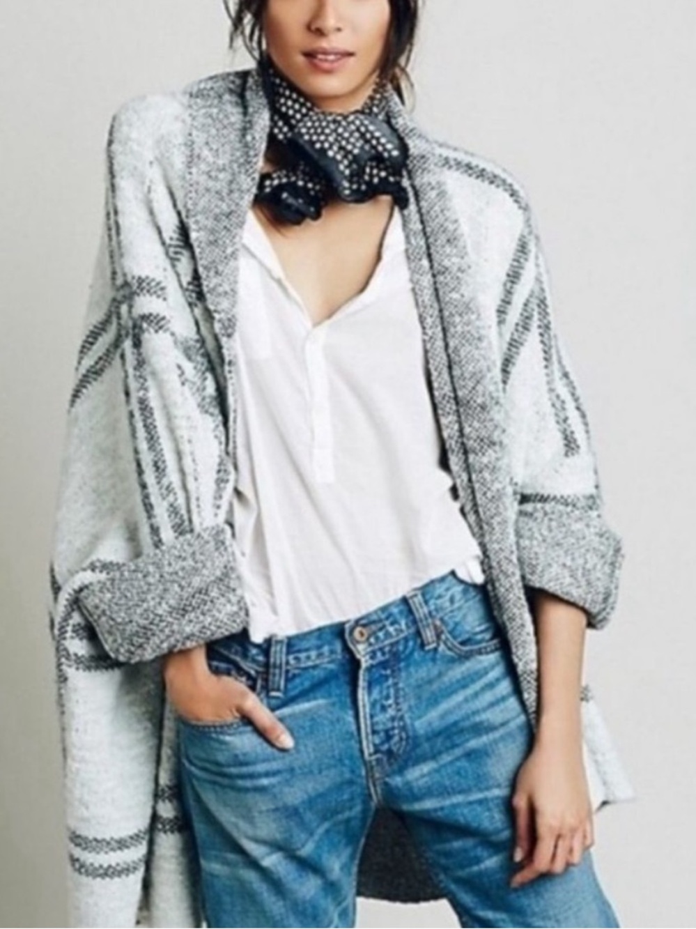 Free People Gray Patterned Open-Front Cardigan